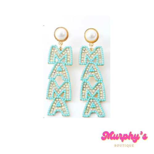 MAMA Block Letter Beaded Rhinestone Earrings - MINT