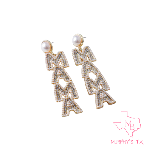 MAMA Block Letter Beaded Rhinestone Earrings - PEARL