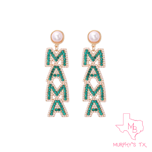 MAMA Block Letter Beaded Rhinestone Earrings - GRN