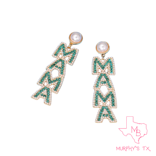 MAMA Block Letter Beaded Rhinestone Earrings - GRN