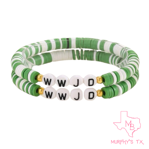 WWJD Clay Beaded Elastic Bracelet- Multi Green