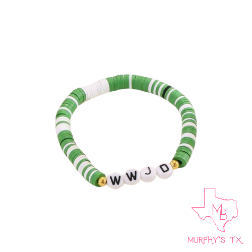 WWJD Clay Beaded Elastic Bracelet- Multi Green