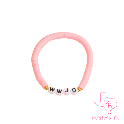 WWJD Clay Beaded Elastic Bracelet- Pink