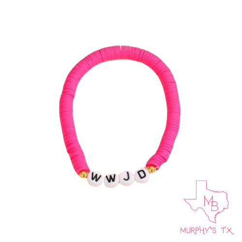 WWJD Clay Beaded Elastic Bracelet- Pink