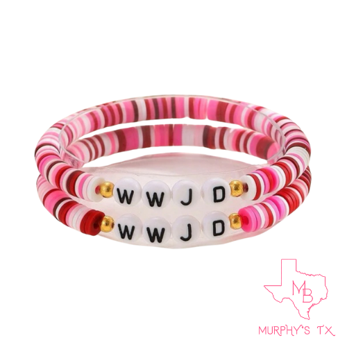 WWJD Clay Beaded Elastic Bracelet- Multi Pink