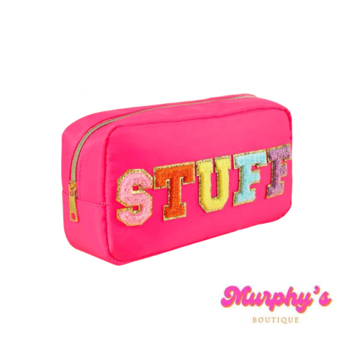 Neon Pink Zipper Pouch “STUFF”