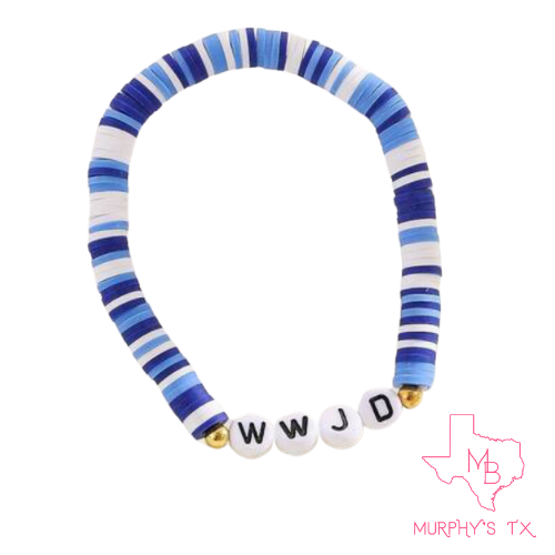 WWJD Clay Beaded Elastic Bracelet- Multi Blue