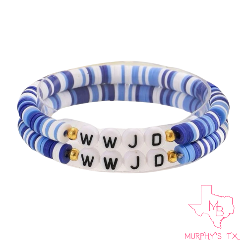 WWJD Clay Beaded Elastic Bracelet- Multi Blue