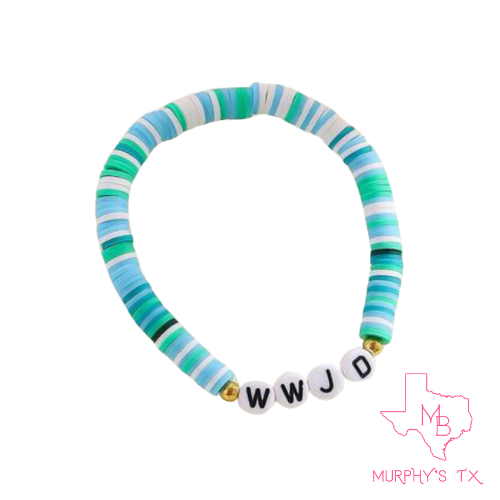 WWJD Clay Beaded Elastic Bracelet- Multi Turquoise