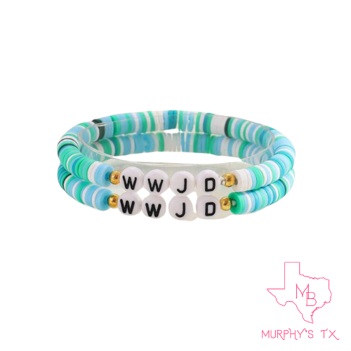 WWJD Clay Beaded Elastic Bracelet- Multi Turquoise