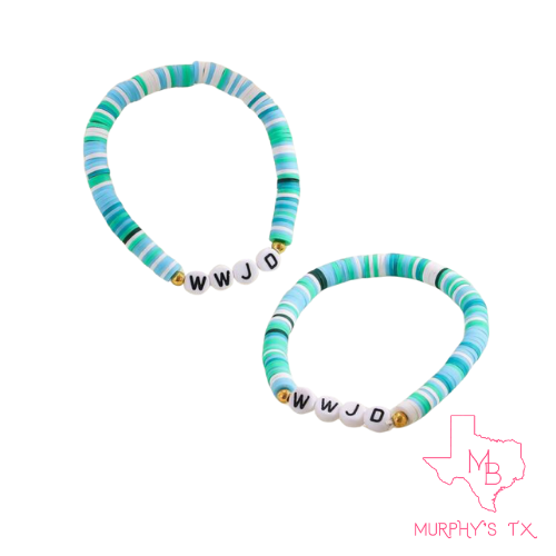 WWJD Clay Beaded Elastic Bracelet- Multi Turquoise