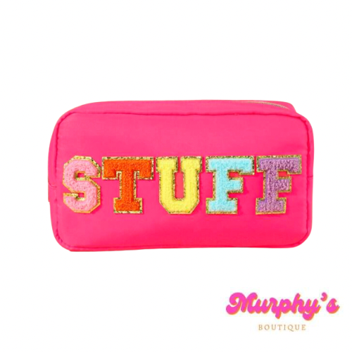 Neon Pink Zipper Pouch “STUFF”