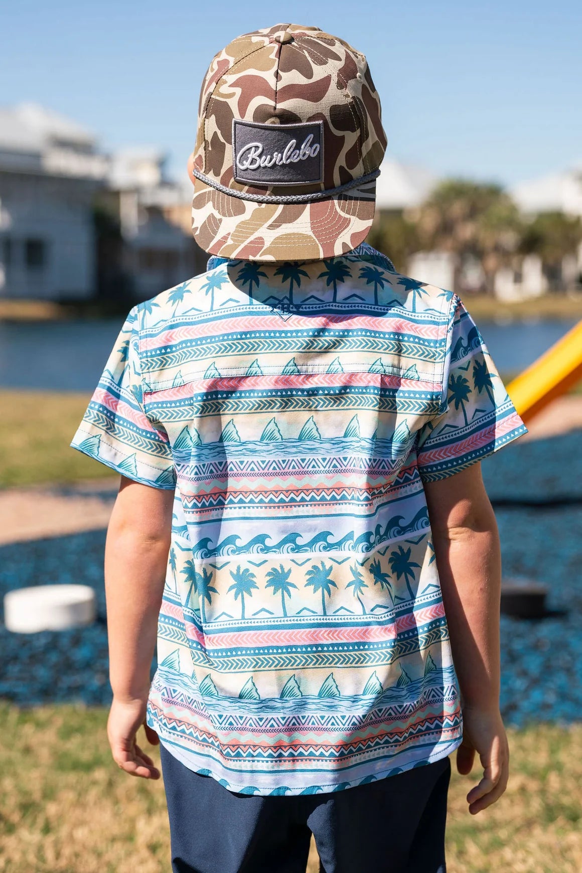 BURLEBO Youth Performance Button Up - Palms and Fins