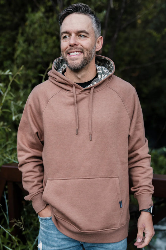 BURLEBO Fleece Hoodie - Heather Brown - Classic Deer Camo Hood