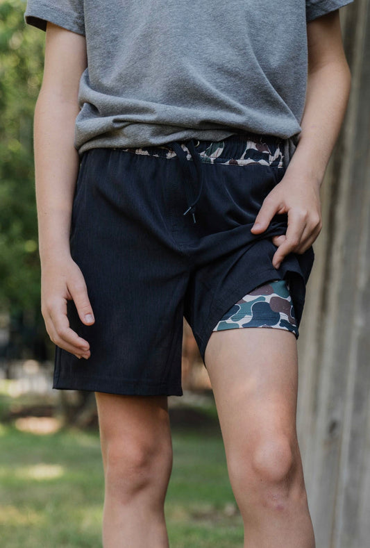 BURLEBO Youth Athletic Shorts - Heather Black - Throwback Camo Liner