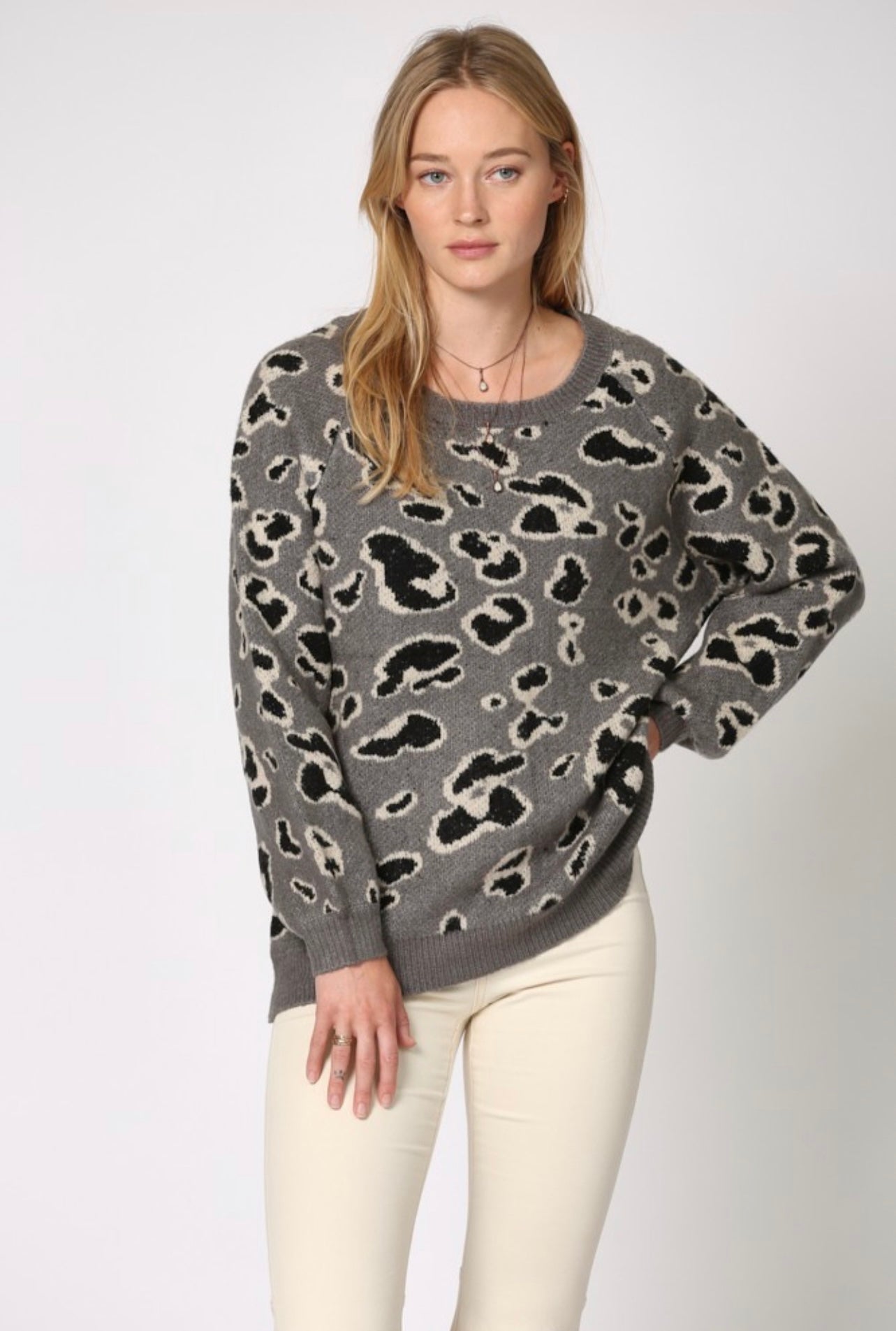 Grey Leopard Knit Sweater