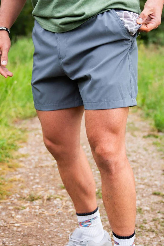 BURLEBO Everyday Shorts - River Rock Grey - Classic Deer Camo Pocket