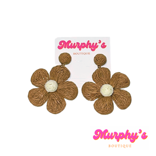 Raffia Flower Earrings - Wheat