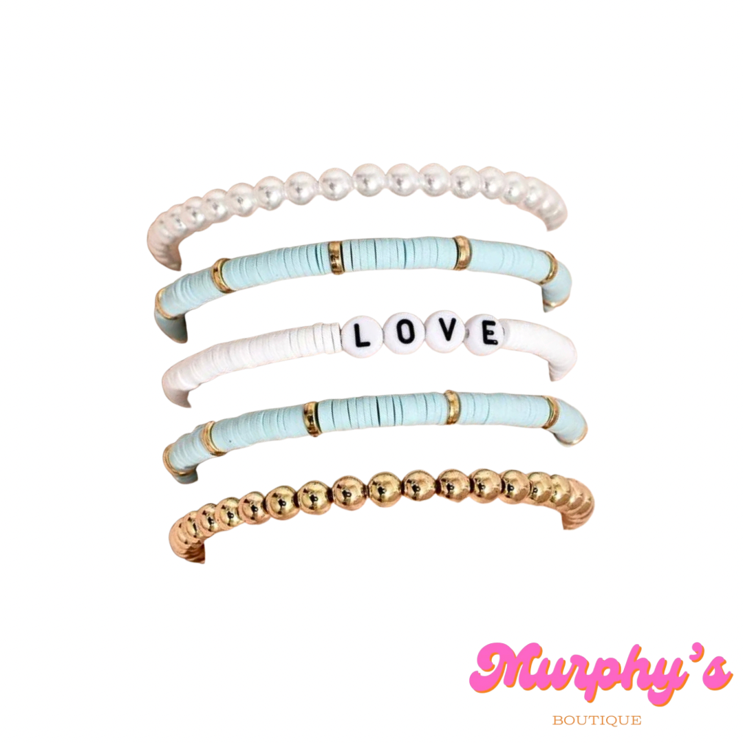 Light Blue LOVE Beaded Bracelet Set