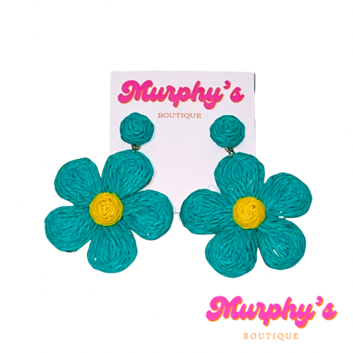 Raffia Flower Earrings - Turquoise