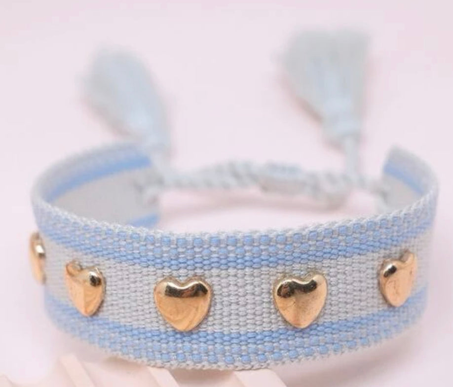 Pastel Blue with Gold Hearts Tassel Bracelet