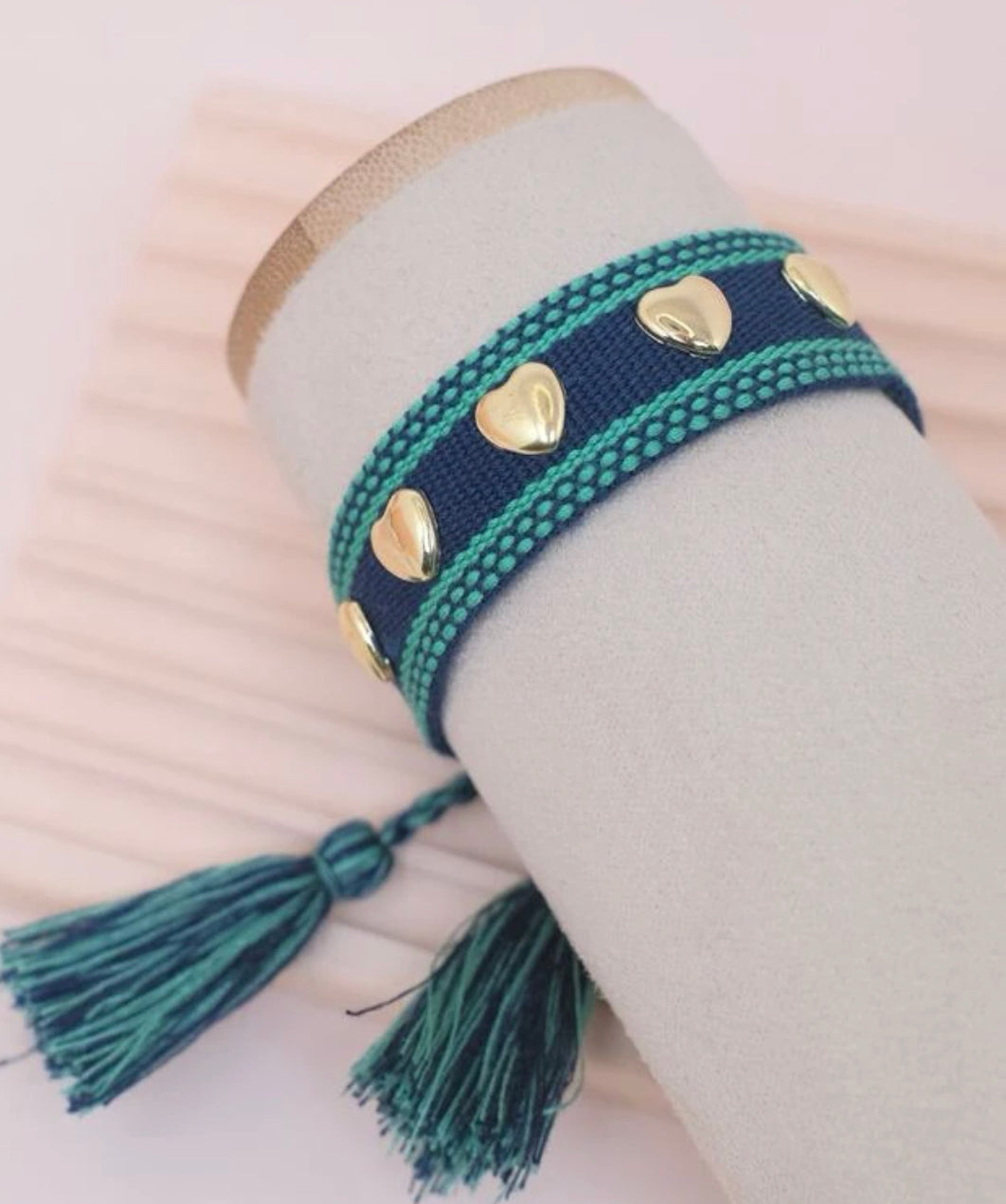 Navy/ Teal with Gold Hearts Tassel Bracelet