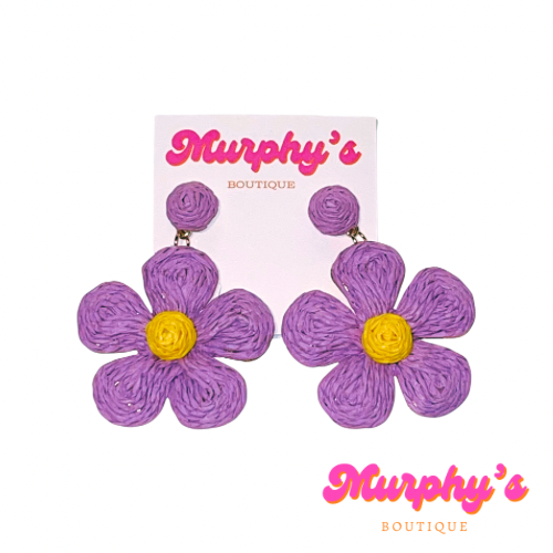 Raffia Flower Earrings - Purple