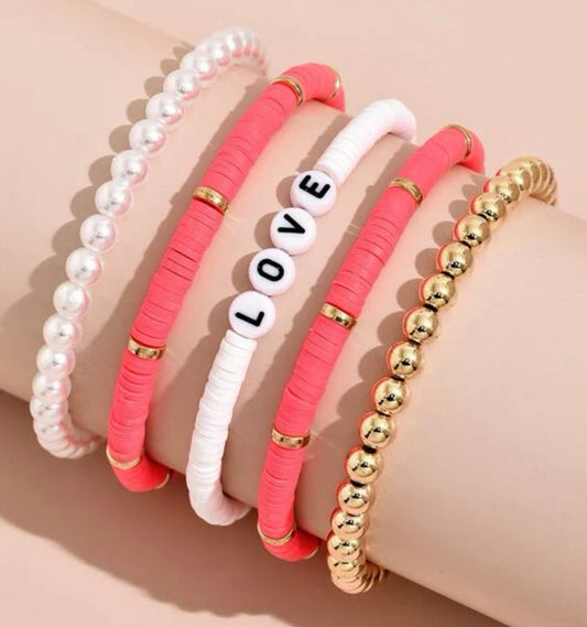 Neon Pink LOVE Beaded Bracelet Set