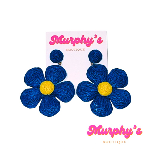 Raffia Flower Earrings - Blue