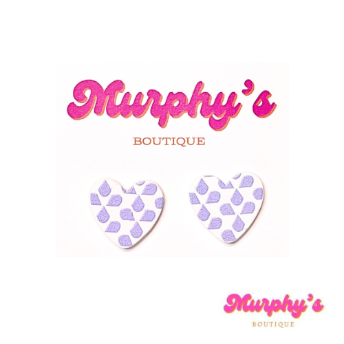 Oversized Heart Studs - Lavender Dots