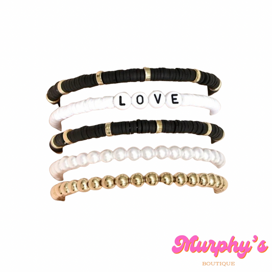 Black & Gold LOVE Beaded Bracelet Set