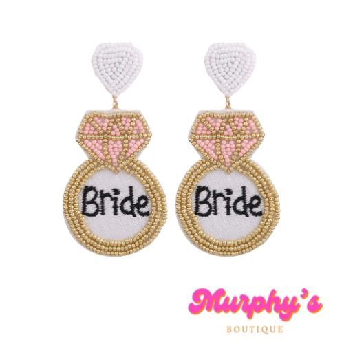 Beaded “Bride” Ring Earrings - White