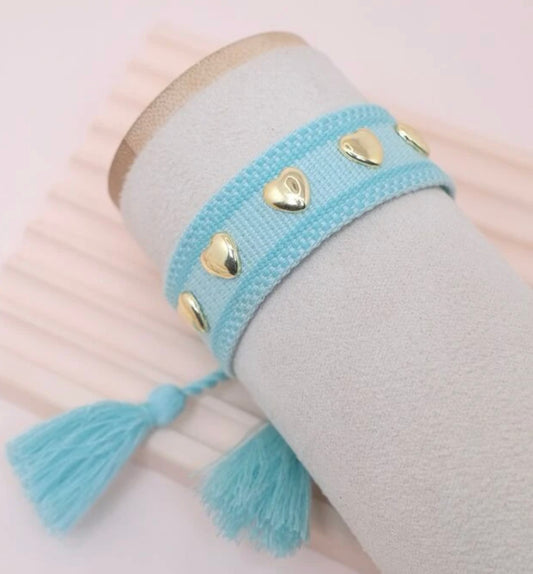 Light Blue with Gold Hearts Tassel Bracelet