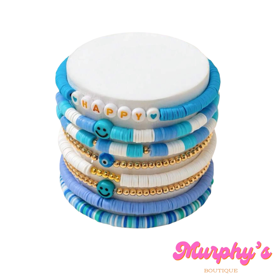 "Happy" Blue Beaded Bracelet Set