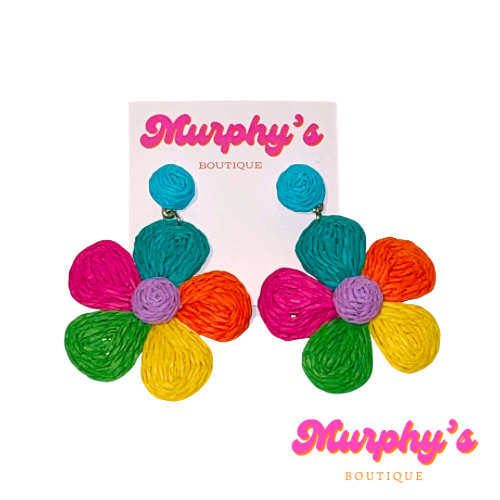 Raffia Flower Earrings - Multicolored