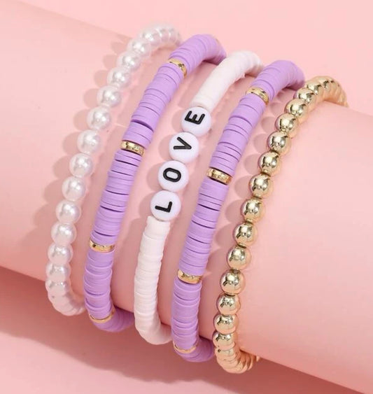 Purple LOVE Beaded Bracelet Set