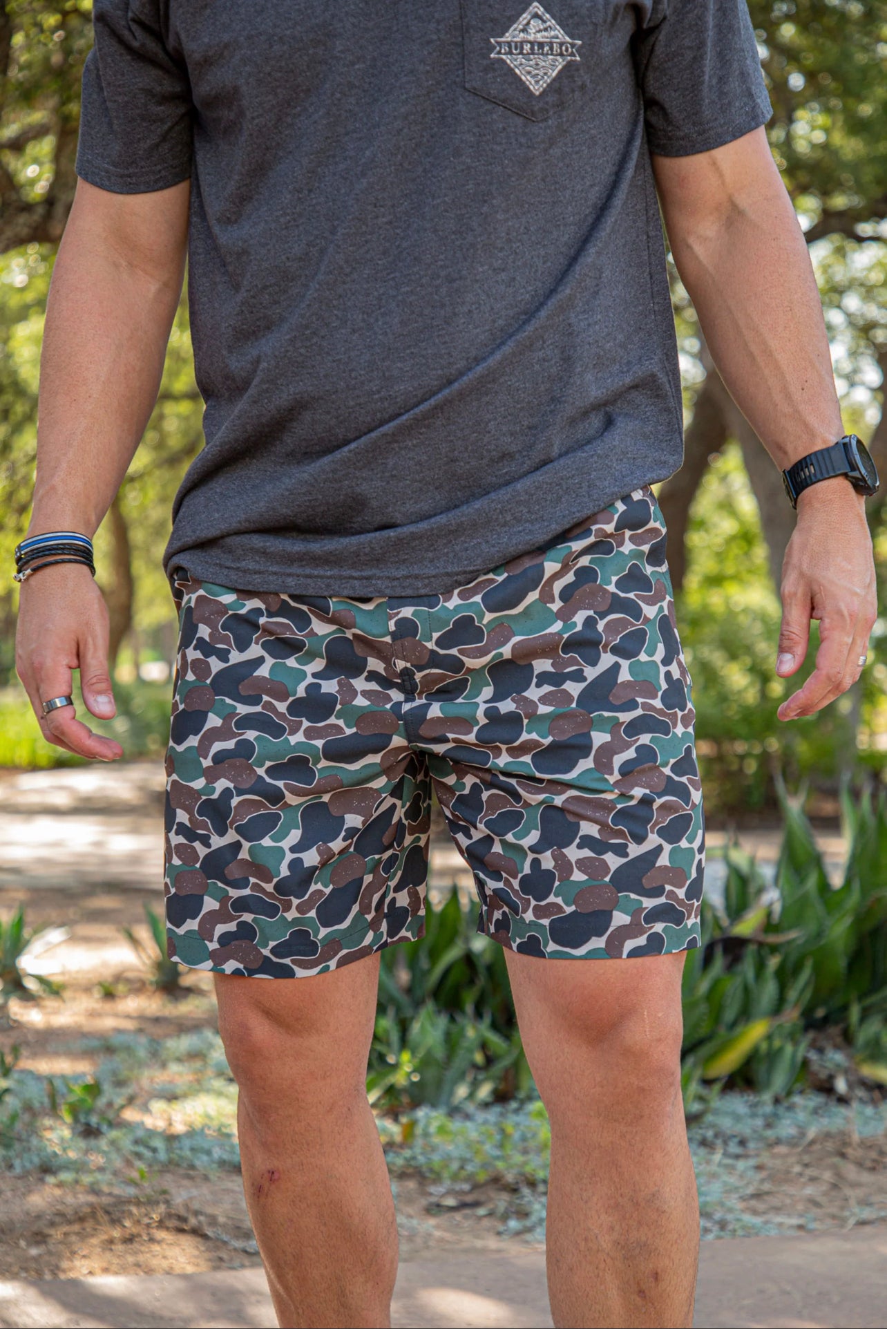 BURLEBO Everyday Shorts - Throwback Camo - Olive Pocket