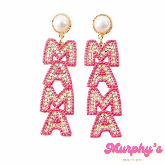 MAMA Block Letter Beaded Rhinestone Earrings - HT PNK