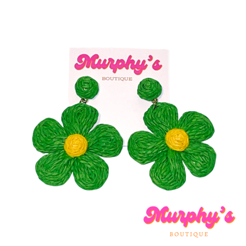 Raffia Flower Earrings - Green