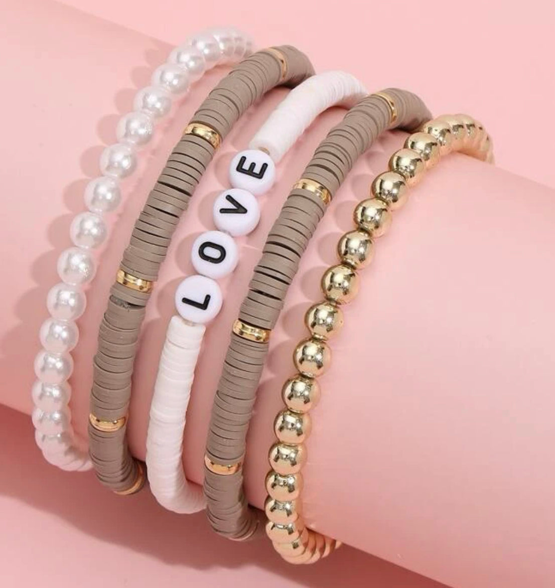 Taupe LOVE Beaded Bracelet Set