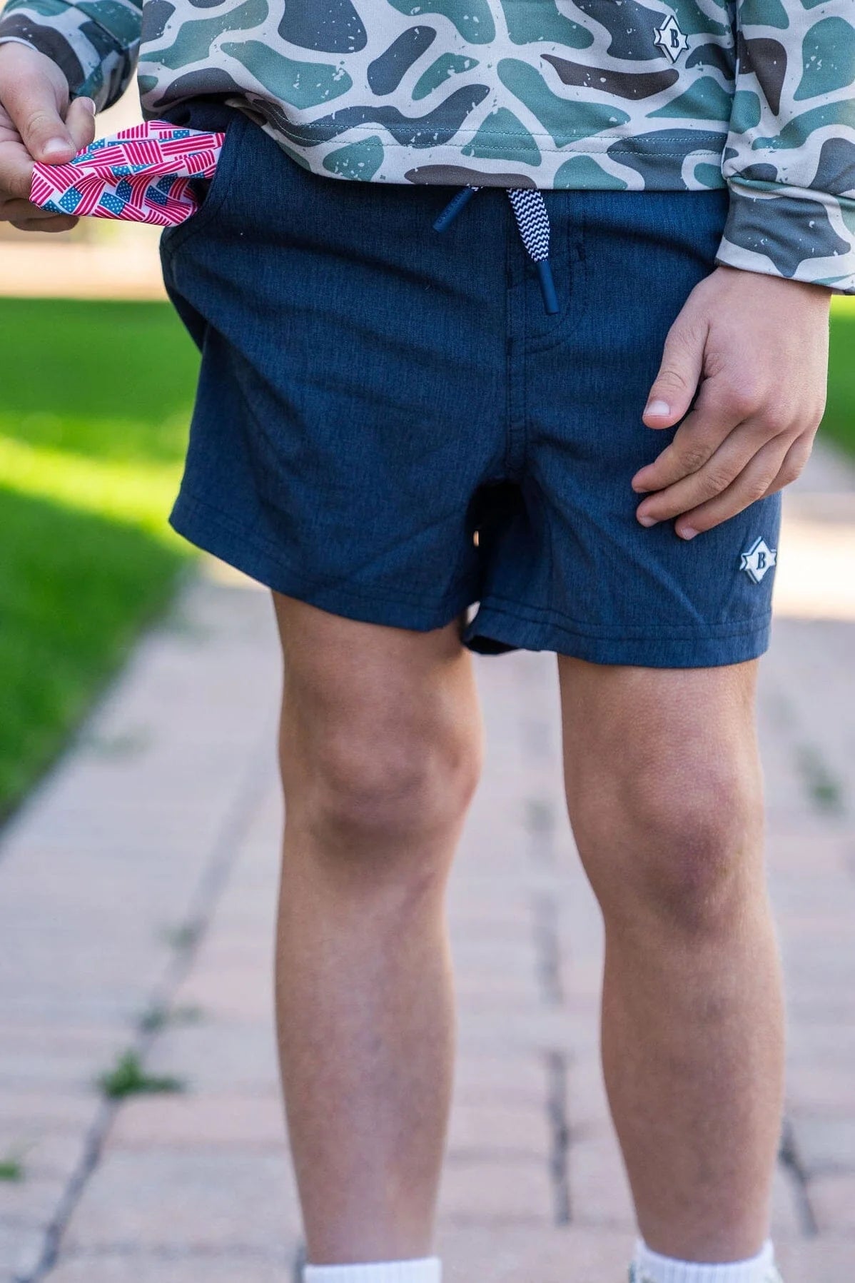 BURLEBO Youth Athletic Shorts - Heather Navy - American Flag Liner